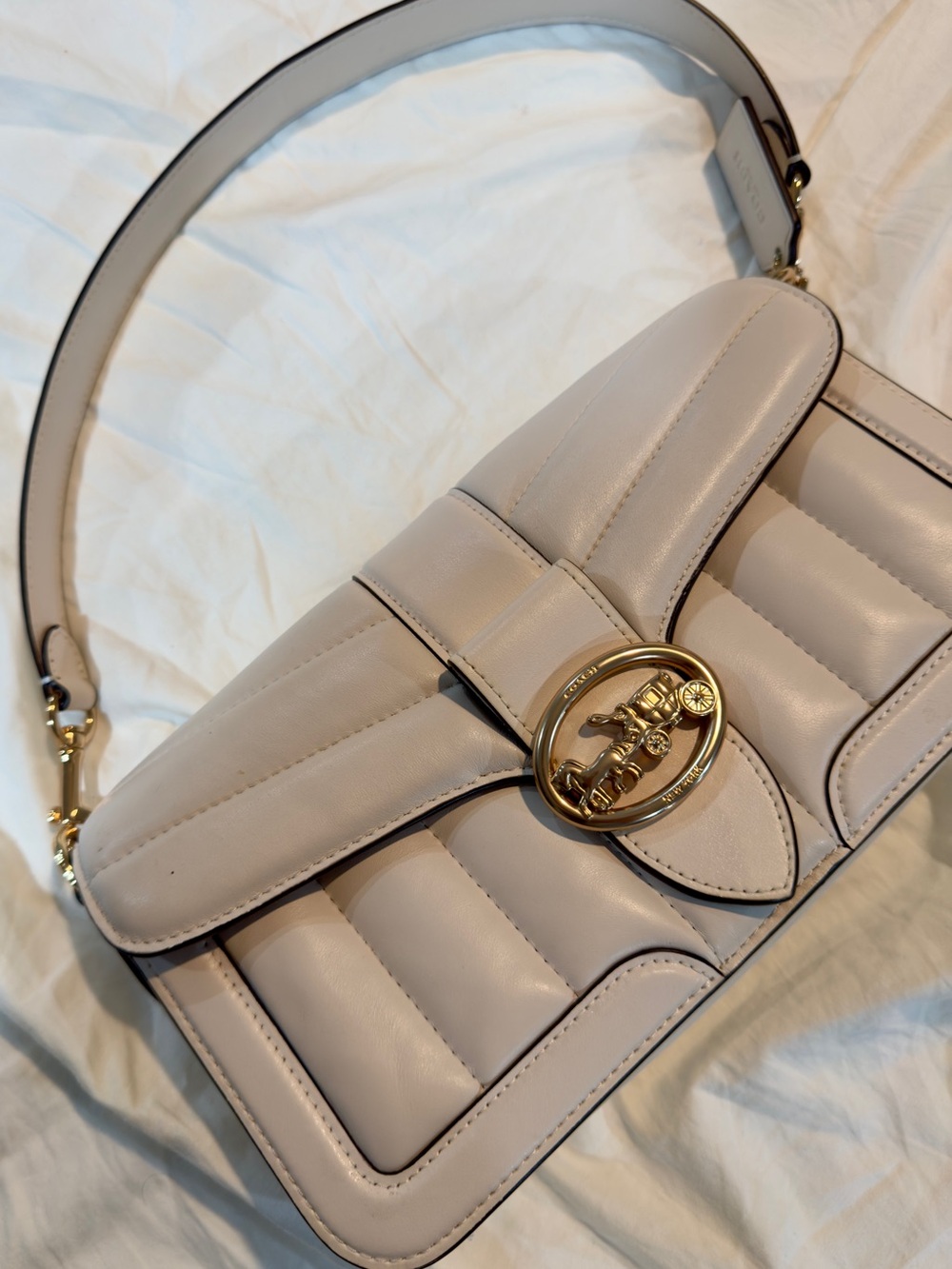 Coach Pillow Tabby White Beige Quilted Leather Shoulder Bag with Gold Hardware
